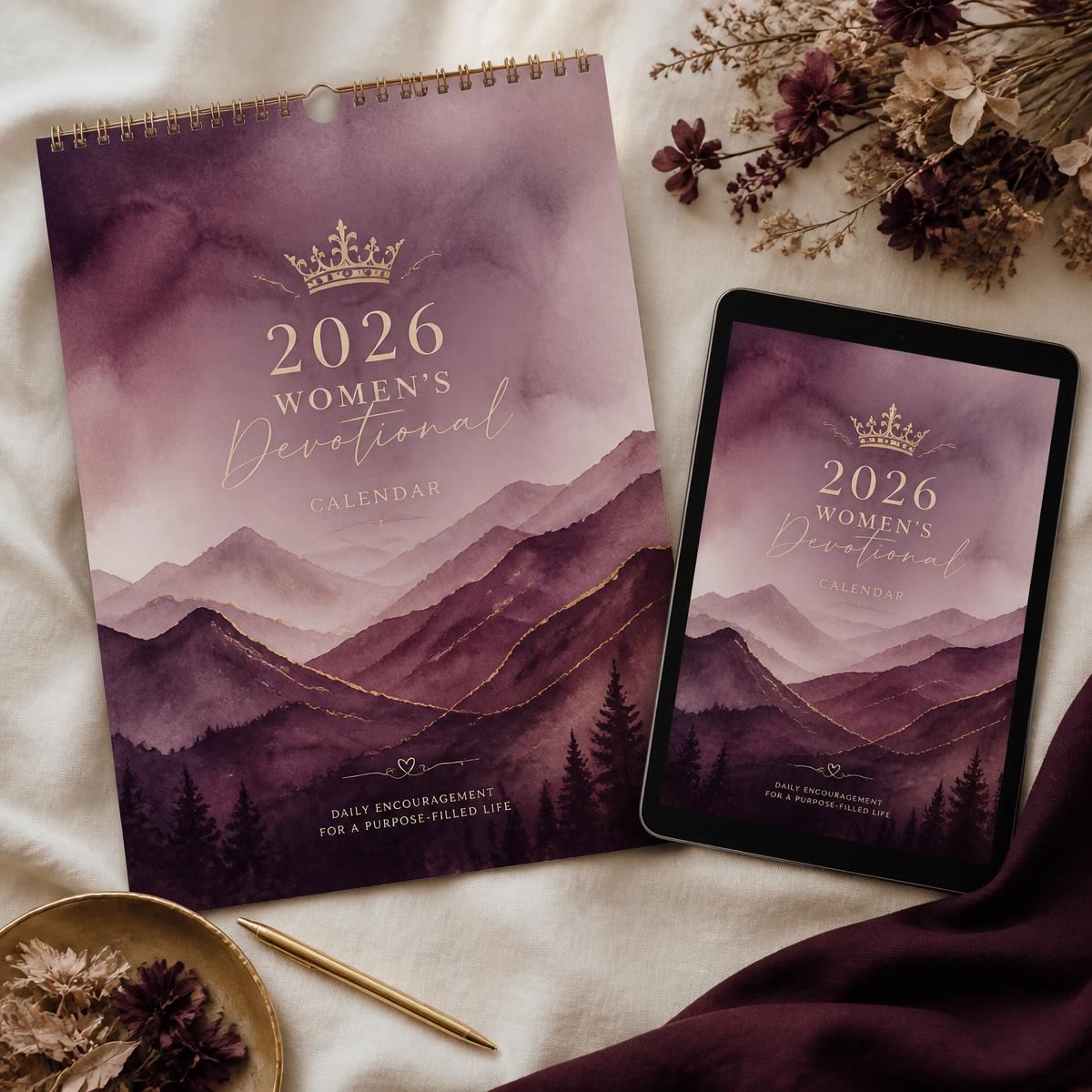 2026 Women's Devotional Calendar shown printed and on a tablet